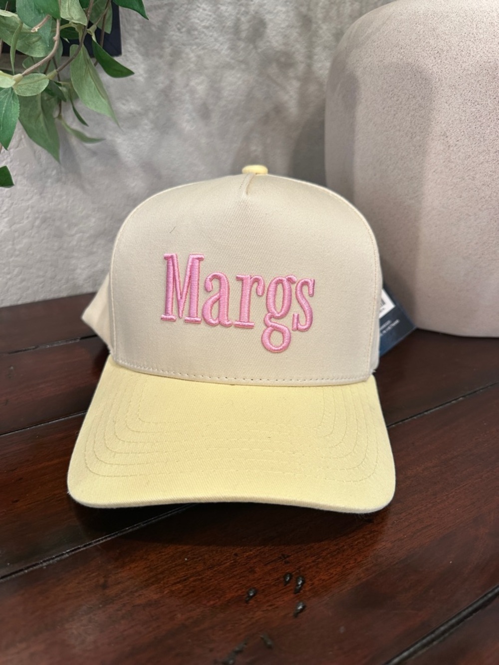 C.C Cream and Yellow Baseball Cap with Pink 'Margs' Embroidery